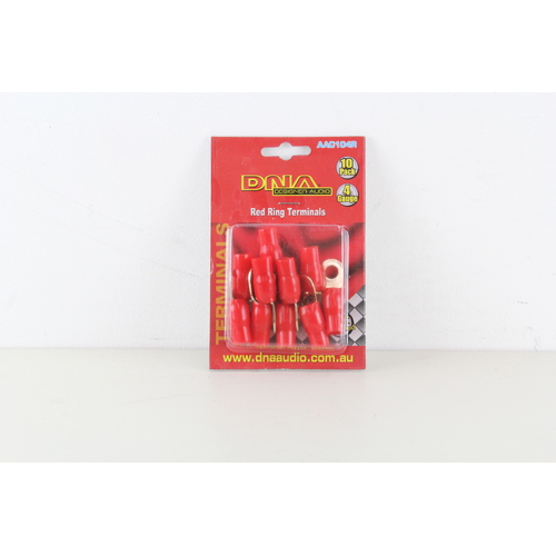 DNA AAC104R 4GA RING TERMINALS GOLD PLATED RED WITH RUBBER INSULATORS 10 PACK