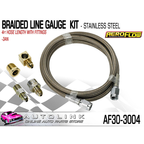 AEROFLOW STAINLESS STEEL BRAIDED LINE GAUGE KIT -3AN 4FT HOSE ( AF30-3004 )