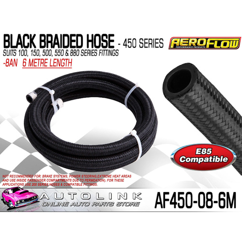 AEROFLOW BLACK BRAIDED LIGHT WEIGHT HOSE -8AN 450 SERIES ( 6 METRE LENGTH )