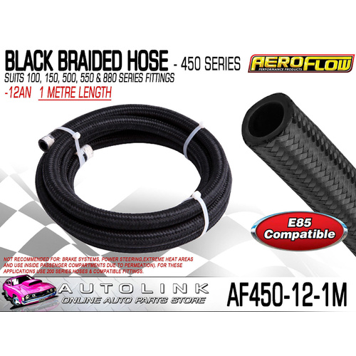 AEROFLOW BLACK BRAIDED LIGHT WEIGHT HOSE -12AN 450 SERIES ( 1 METRE LENGTH )