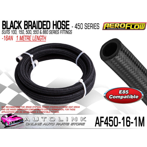 AEROFLOW BLACK BRAIDED LIGHT WEIGHT HOSE -16AN 450 SERIES ( 1 METRE LENGTH )