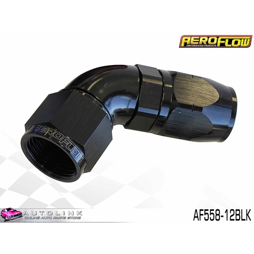 AEROFLOW BLACK ONE PIECE CUTTER FULL FLOW SWIVEL 60° HOSE END -12AN AF558-12BLK