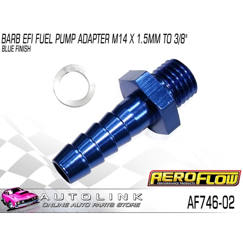 AEROFLOW BARB EFI FUEL PUMP ADAPTER M14 x 1.5mm TO 3/8" BLUE AF746-02