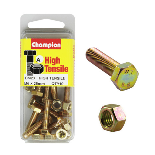 Champion Fasteners BM23 Metric High Tensile Bolts & Nuts M6 x 25mm Pack of 10