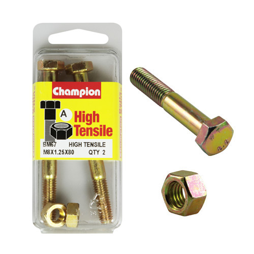 CHAMPION BM67 METRIC HIGH TENSILE BOLTS & NUTS M8 x 1.25 x 80mm PACK OF 2