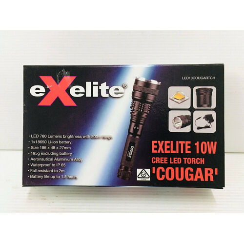 EXELITE LED10COUGARTCH COUGAR LED 10W TORCH RECHARGEABLE LITHIUM 12V 240V