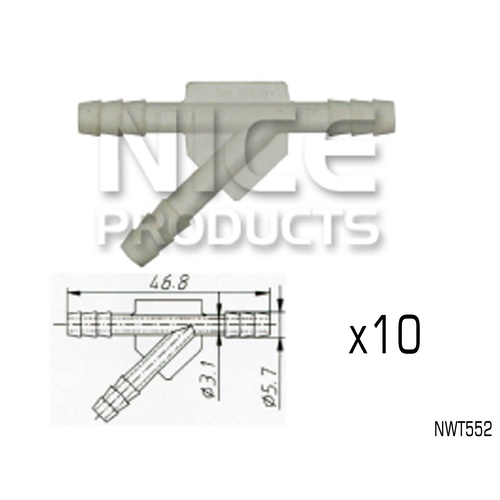 NICE NWT552 UNIVERSAL 3 WAY WASHER HOSE CONNECTOR JOINERS 5.7mm OUTLET x10